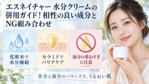 エスネイチャー水分クリームの相性の良い成分とNG組み合わせを3カードで示す美容ボード