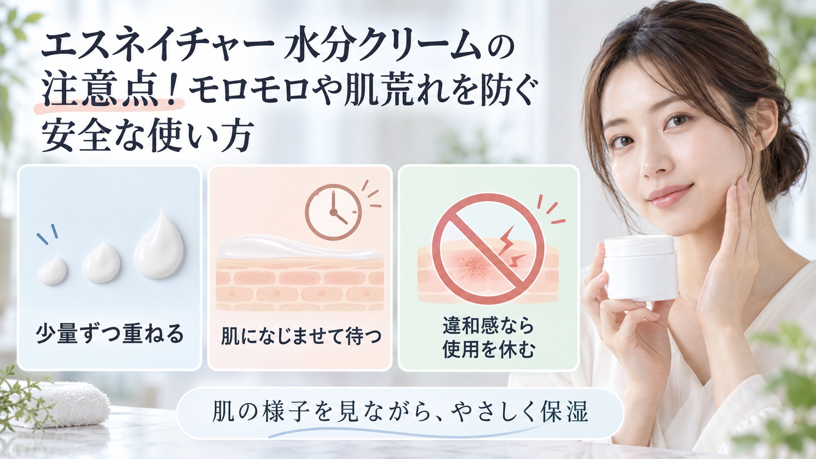 エスネイチャー水分クリームの注意点と安全な使い方を3カードで示す美容ボード