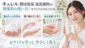 キュレル潤浸保湿泡洗顔料をこすらず使う3つの洗顔手順を示す美容ボード
