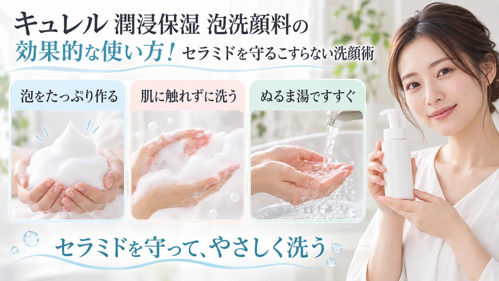 キュレル潤浸保湿泡洗顔料をこすらず使う3つの洗顔手順を示す美容ボード