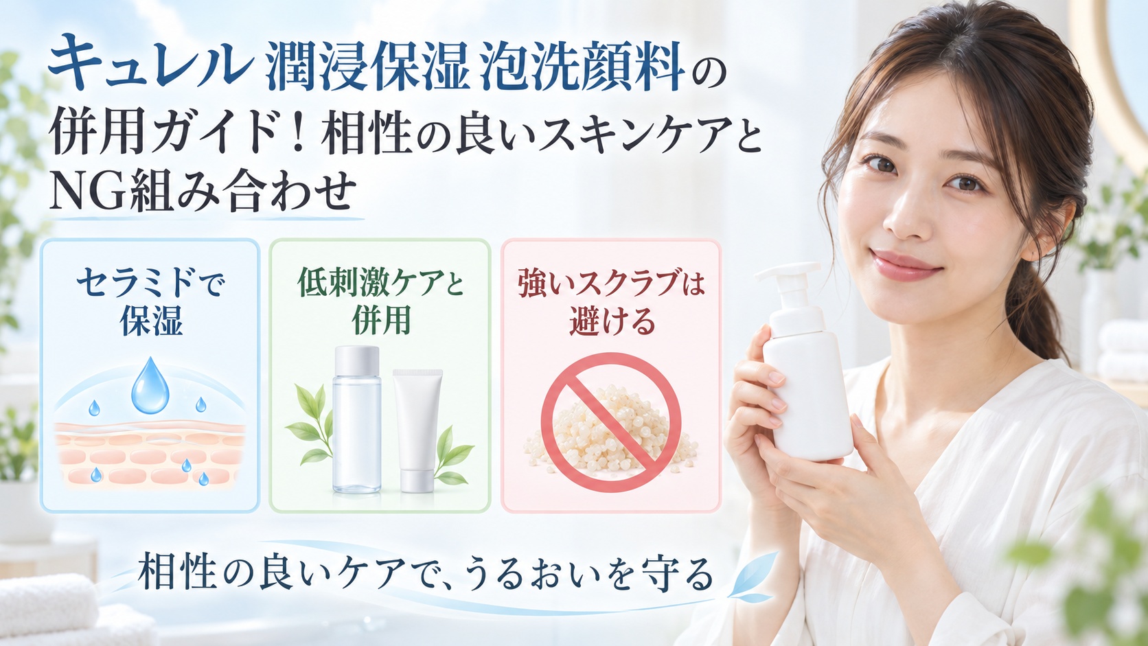 キュレル潤浸保湿泡洗顔料と相性の良いケア・避けたい組み合わせを示す美容ボード
