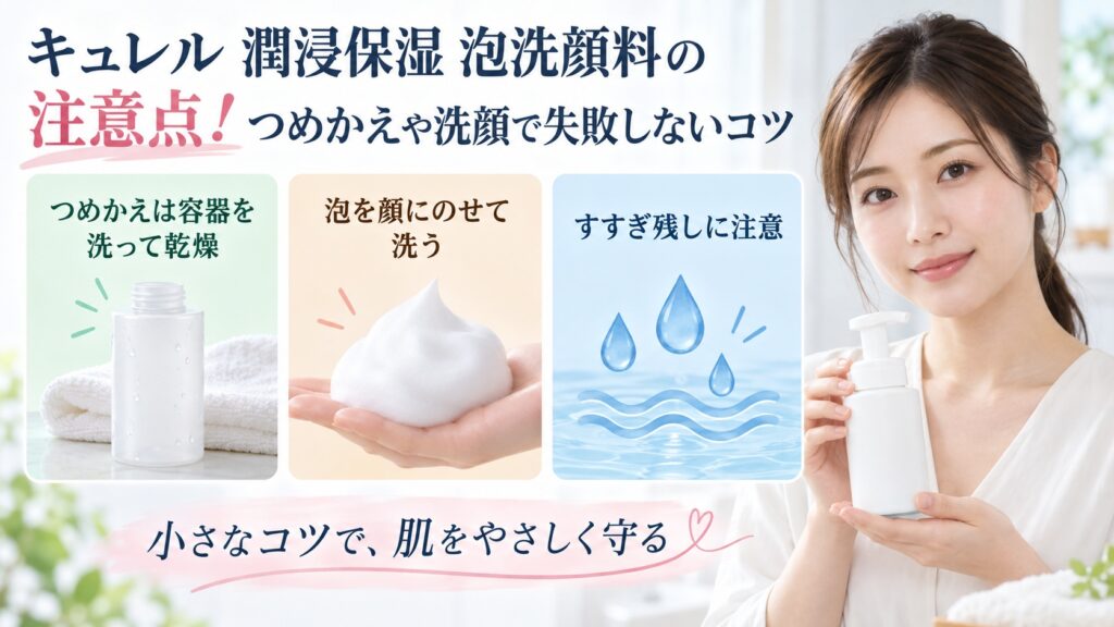 キュレル潤浸保湿泡洗顔料のつめかえと洗顔の注意点を3カードで示す美容ボード