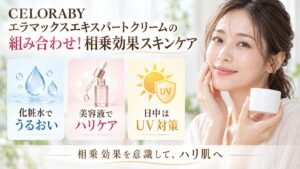 CELORABYエラマックスエキスパートクリームと相性の良いスキンケアを3カードで示す美容ボード