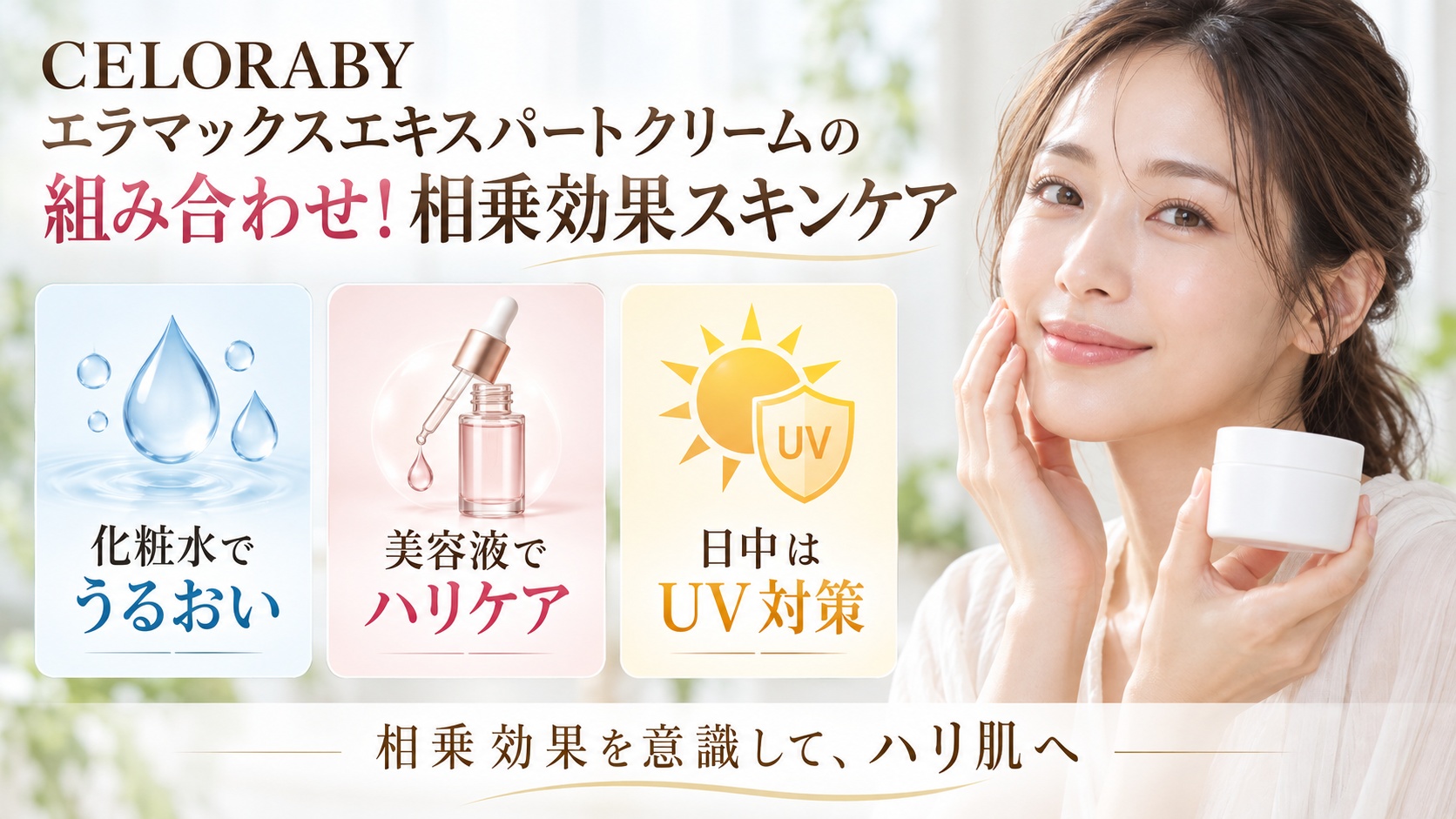 CELORABYエラマックスエキスパートクリームと相性の良いスキンケアを3カードで示す美容ボード