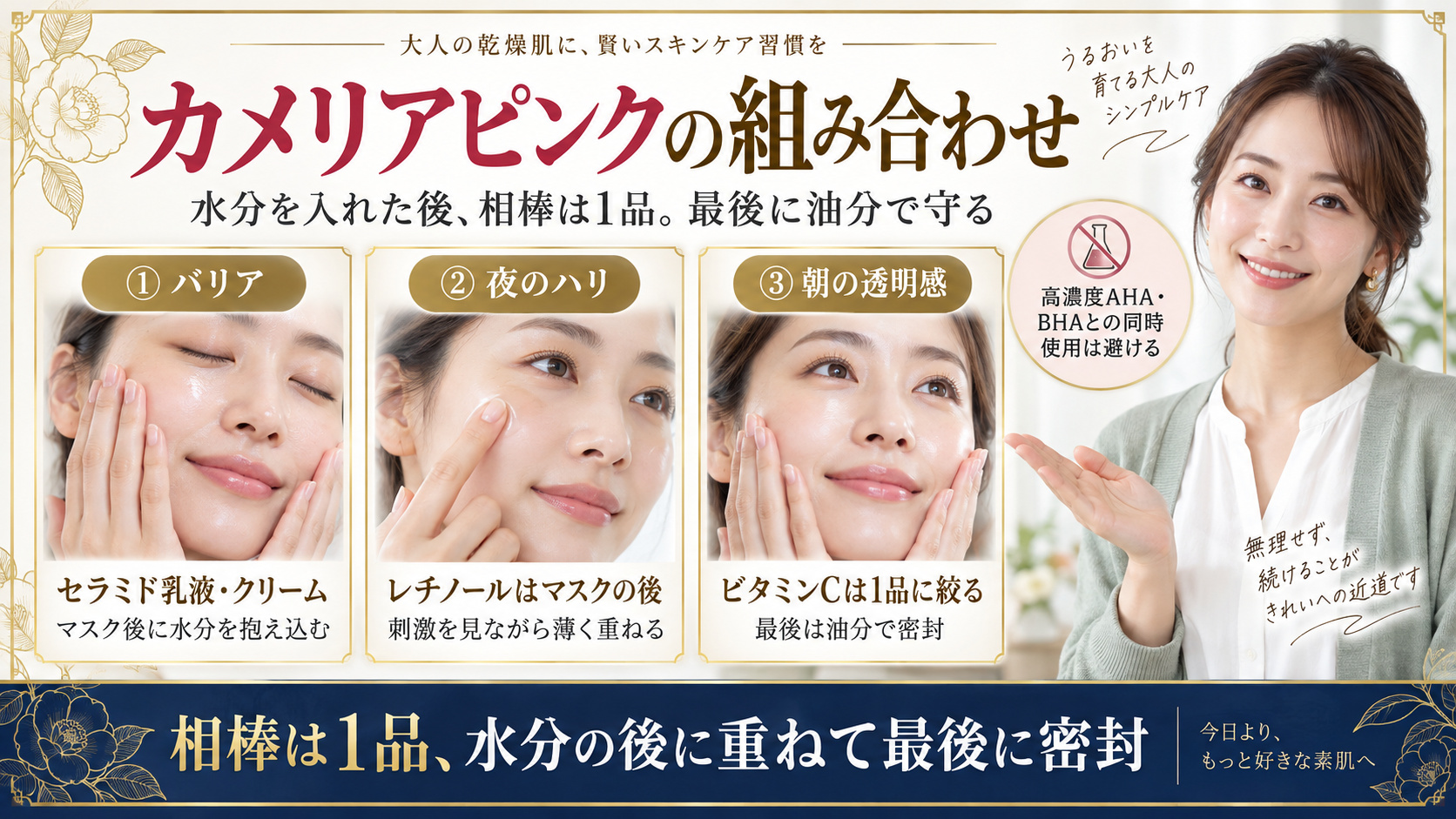 カメリアピンクとセラミド、レチノール、ビタミンCの組み合わせ