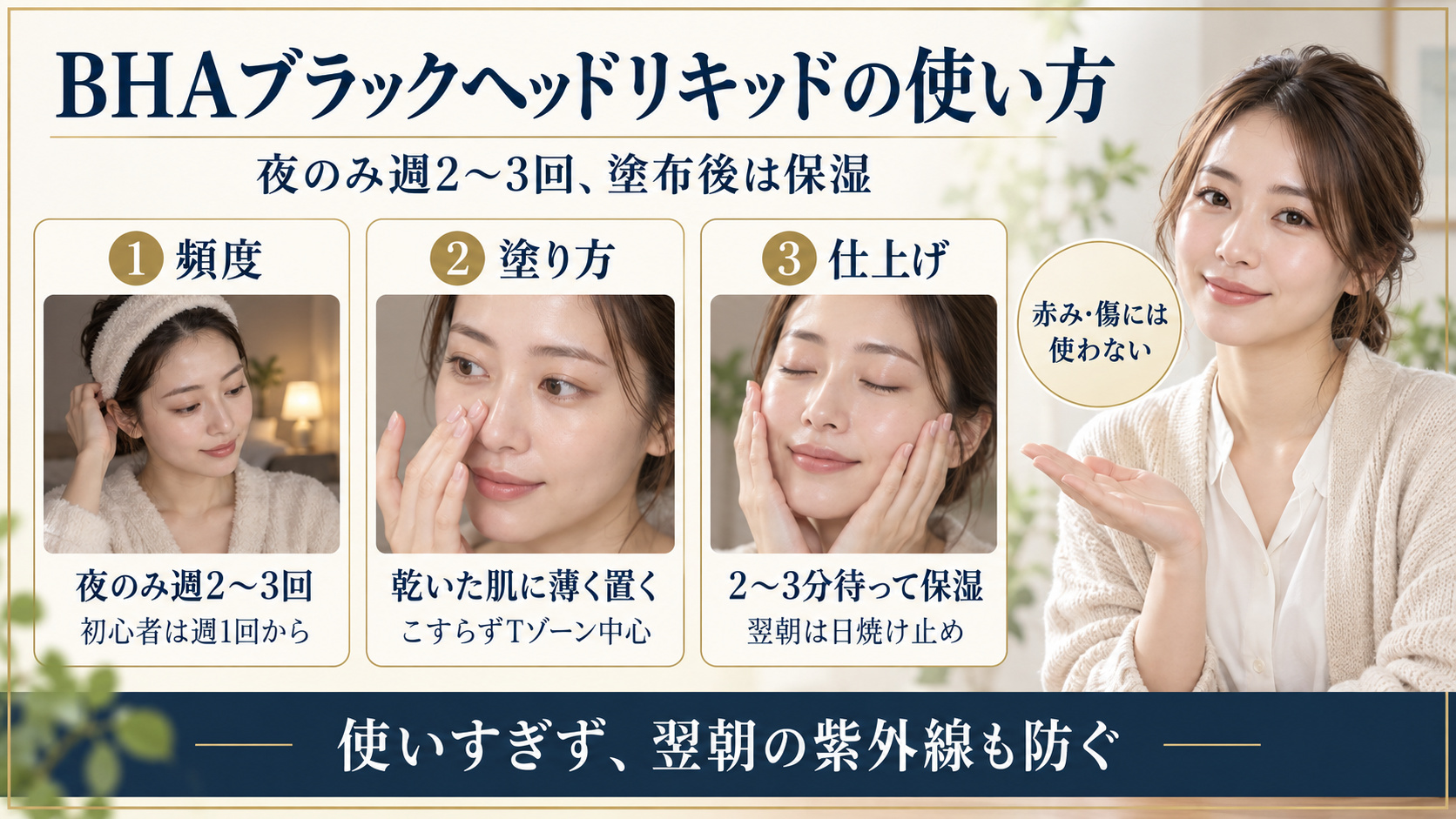 BHAブラックヘッドリキッドの夜間使用と保湿方法