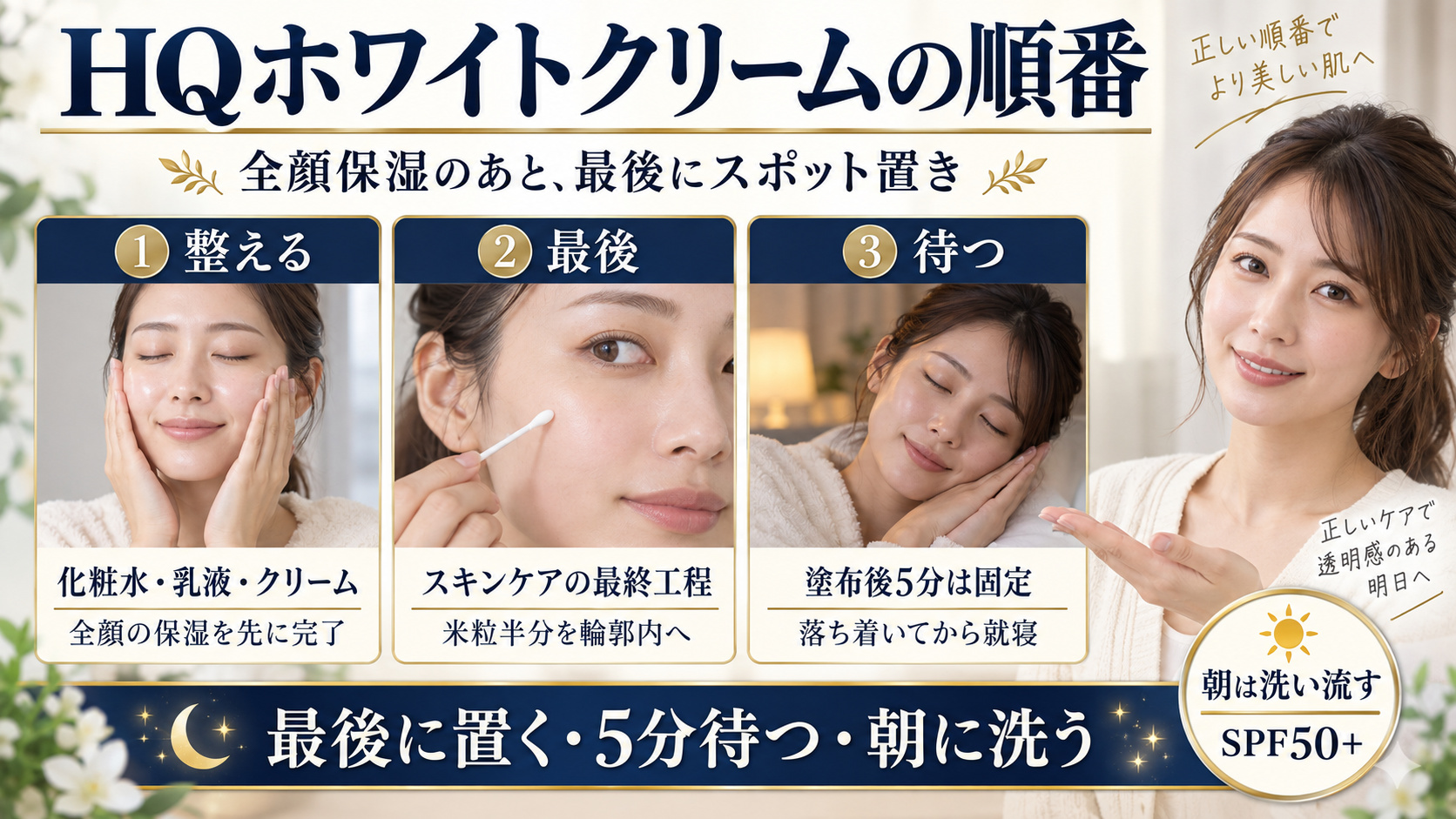 HQホワイトクリームを使う順番と夜の手順