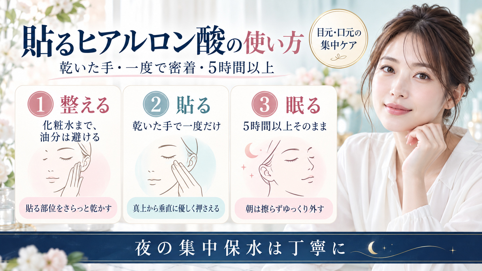 貼るヒアルロン酸パッチの目元口元ケア手順