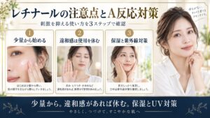 レチナールの注意点として少量使用、違和感時の休止、保湿と紫外線対策を示すBeauty Board