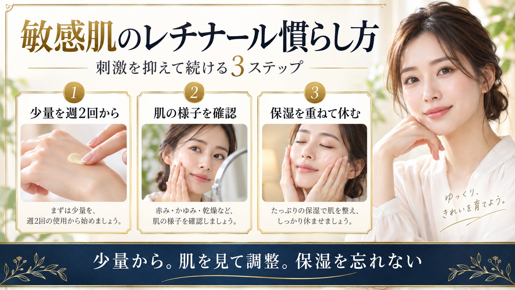 敏感肌がレチナールを少量から始めて肌の様子を確認し保湿する使い方を示すBeauty Board
