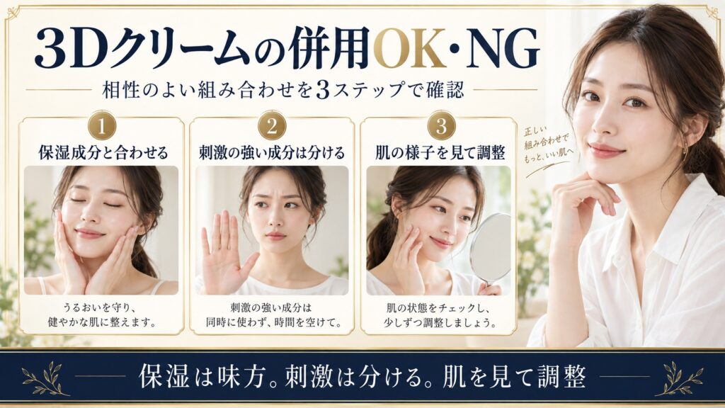 BIOHEAL BOH 3Dクリームと保湿成分を合わせ刺激の強い成分を分ける使い方を示すBeauty Board