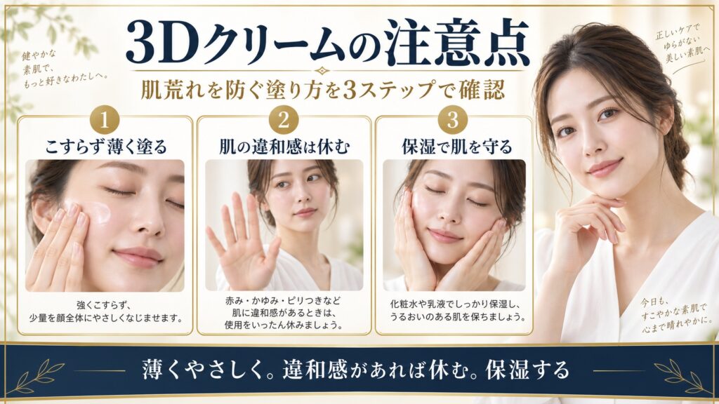 BIOHEAL BOH 3Dクリームをこすらず薄く塗り違和感時は休み保湿する注意点を示すBeauty Board