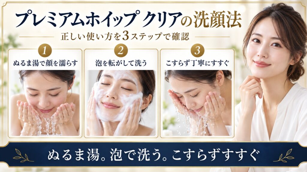 専科プレミアムパーフェクトホイップ クリアでぬるま湯、泡洗顔、丁寧なすすぎを行う方法を示すBeauty Board