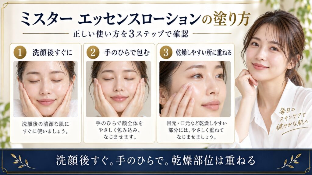 オルビス ミスター エッセンスローションを洗顔後に手のひらで包み乾燥部位に重ねる塗り方を示すBeauty Board