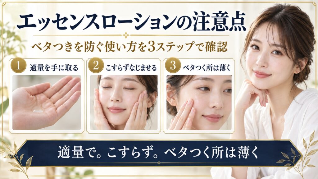 オルビス ミスター エッセンスローションを適量でこすらずなじませベタつく所を薄くする方法を示すBeauty Board