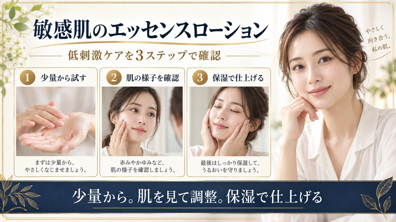 敏感肌でもオルビス ミスター エッセンスローションを少量から試し肌を確認して保湿する使い方を示すBeauty Board