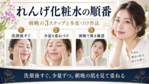 れんげ化粧水を洗顔後すぐ少量ずつ重ね朝晩の肌を確認する順番を示すBeauty Board