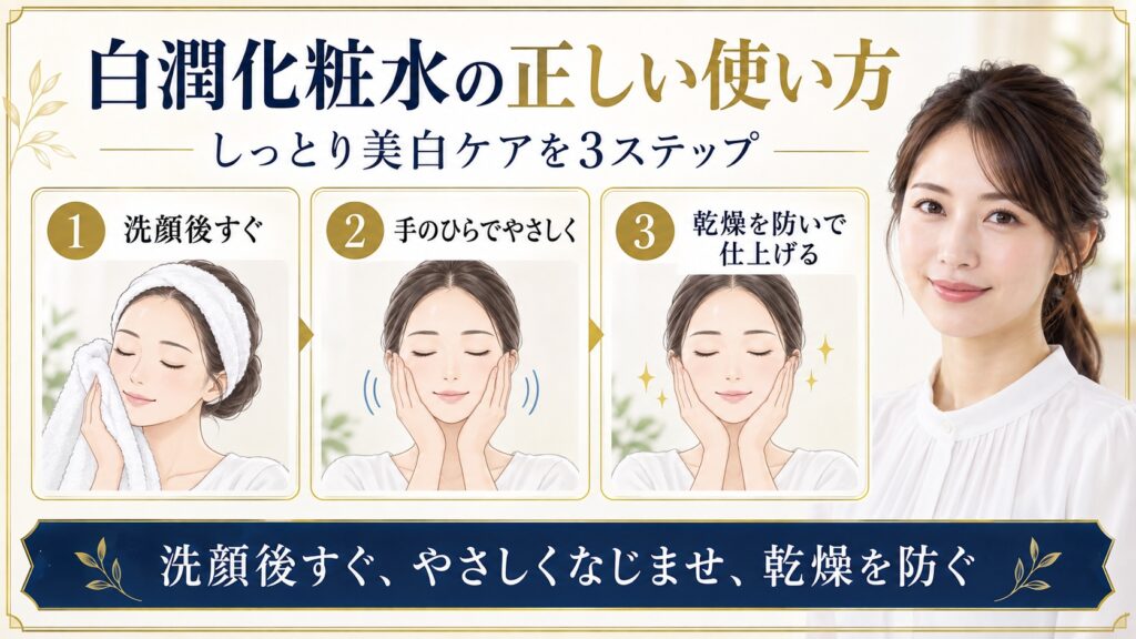 白潤プレミアム化粧水しっとりタイプを洗顔後やさしくなじませ乾燥を防ぐ使い方を示すBeauty Board