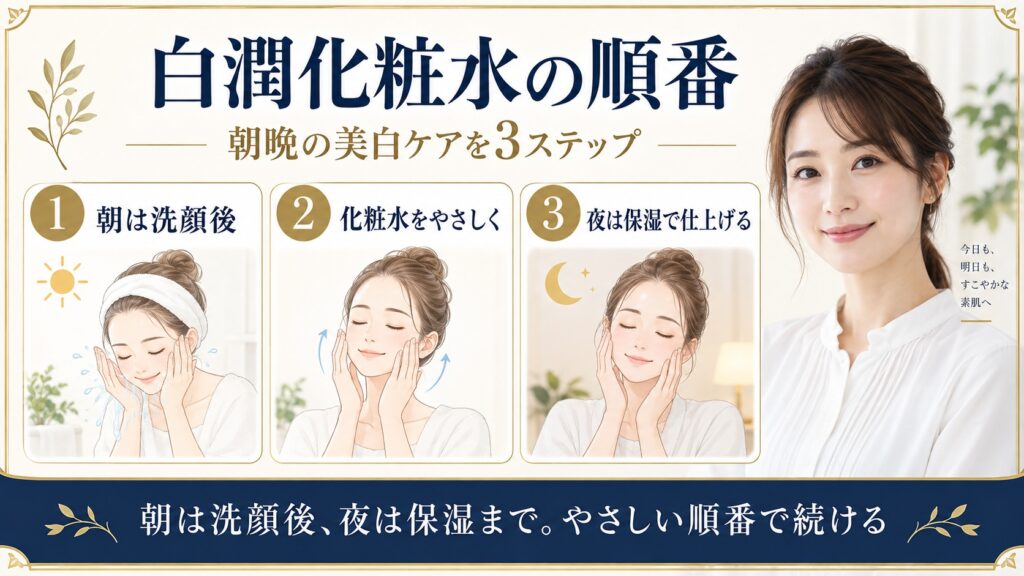 白潤プレミアム化粧水しっとりタイプを朝は洗顔後夜は保湿までやさしく使う順番を示すBeauty Board