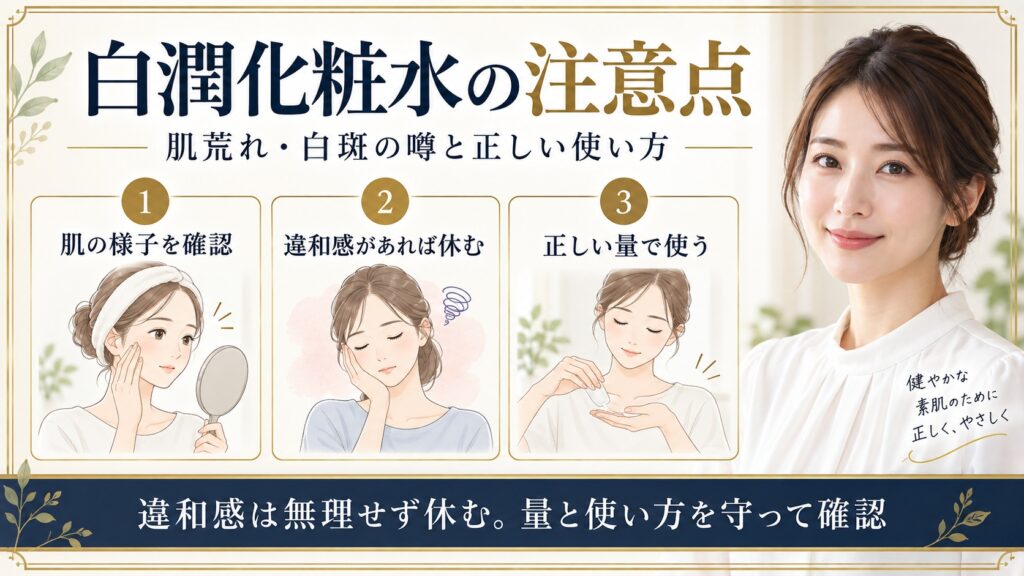 白潤プレミアム化粧水の肌荒れや白斑の噂を確認し違和感があれば休み正しい量で使う方法を示すBeauty Board