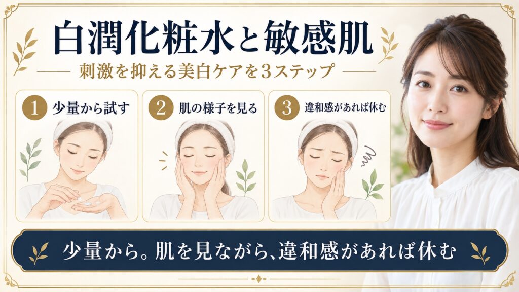 白潤プレミアム化粧水を敏感肌で少量から試し肌の様子を見て違和感があれば休む方法を示すBeauty Board
