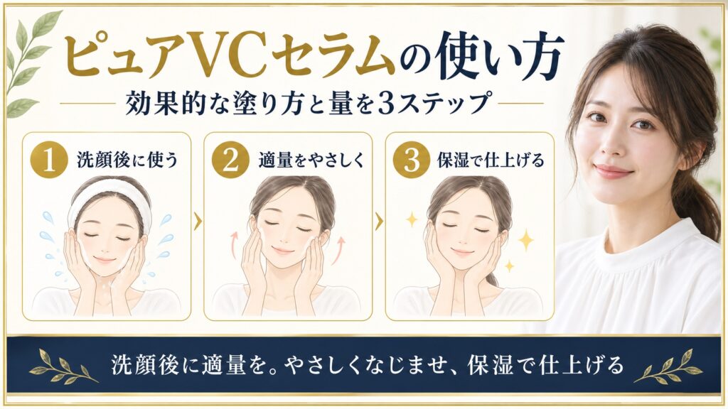 リアラスターピュアVCマックスセラムを洗顔後に適量やさしく使い保湿で仕上げる方法を示すBeauty Board