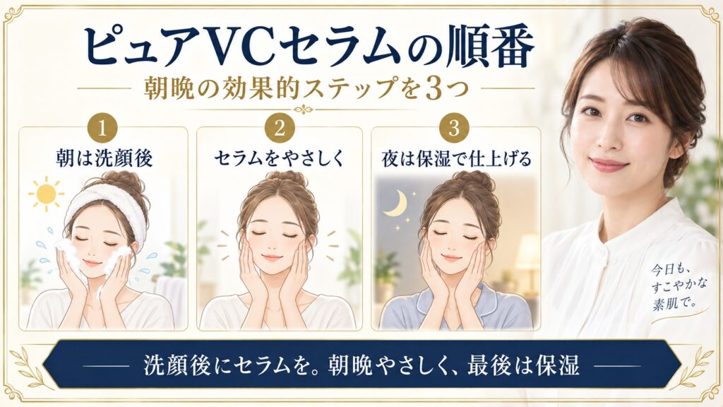 リアラスターピュアVCマックスセラムを洗顔後に使い朝晩やさしく続け最後に保湿する順番を示すBeauty Board