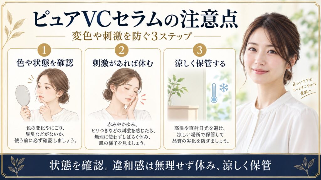 リアラスターピュアVCマックスセラムの色や状態を確認し刺激があれば休み涼しく保管する方法を示すBeauty Board