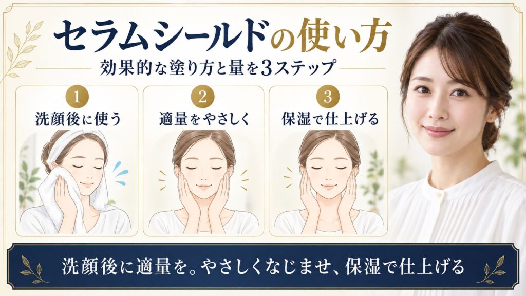 ONE BY KOSEセラムシールドを洗顔後に適量やさしく使い保湿で仕上げる方法を示すBeauty Board