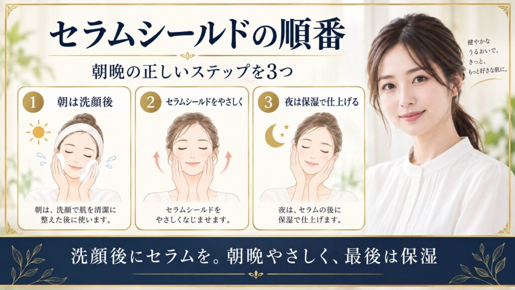 ONE BY KOSEセラムシールドを朝は洗顔後夜は保湿までやさしく使う正しい順番を示すBeauty Board