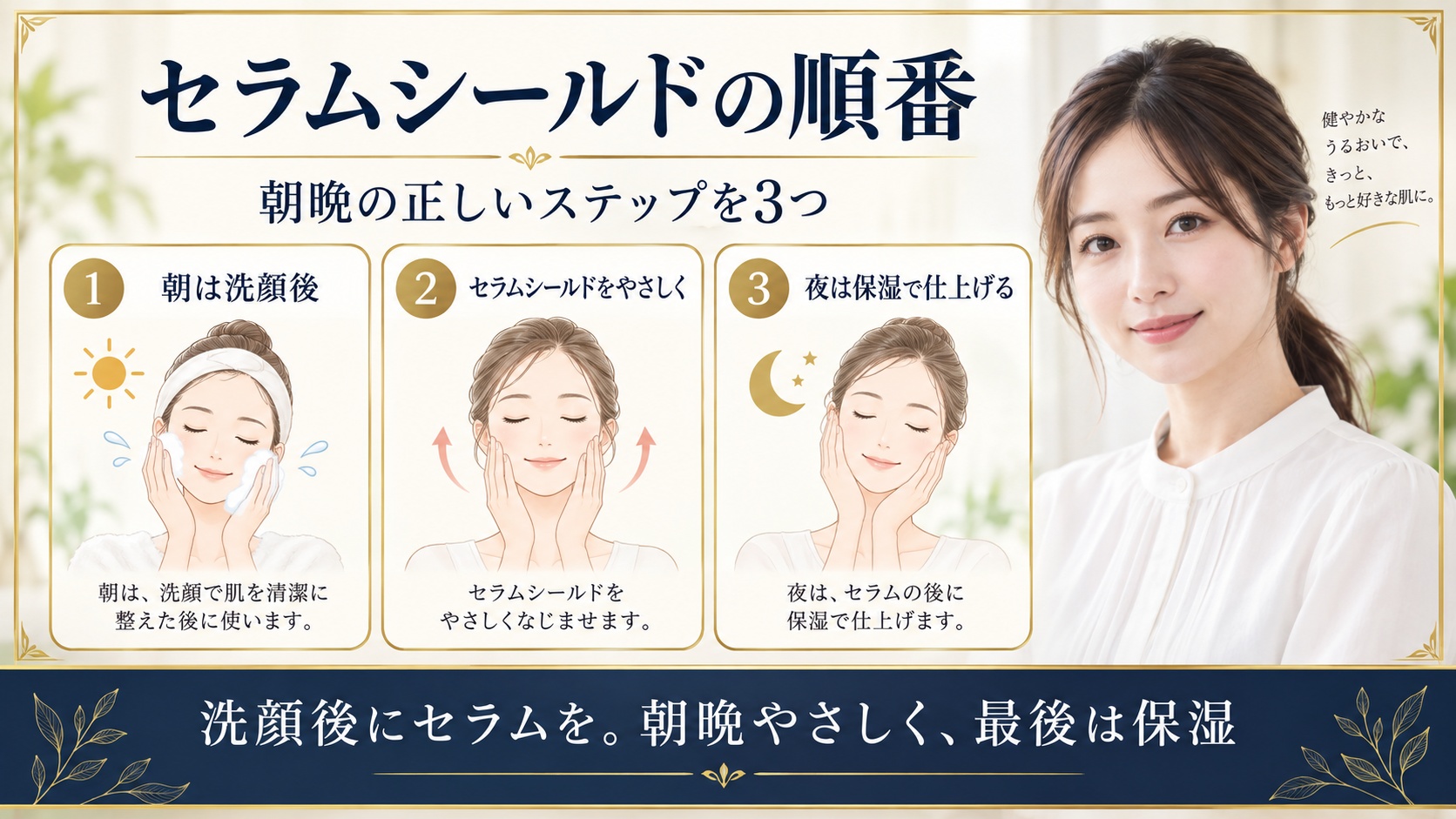 ONE BY KOSEセラムシールドを朝は洗顔後夜は保湿までやさしく使う正しい順番を示すBeauty Board