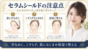 ONE BY KOSEセラムシールドを少なめにこすらずなじませ保湿で整える方法を示すBeauty Board