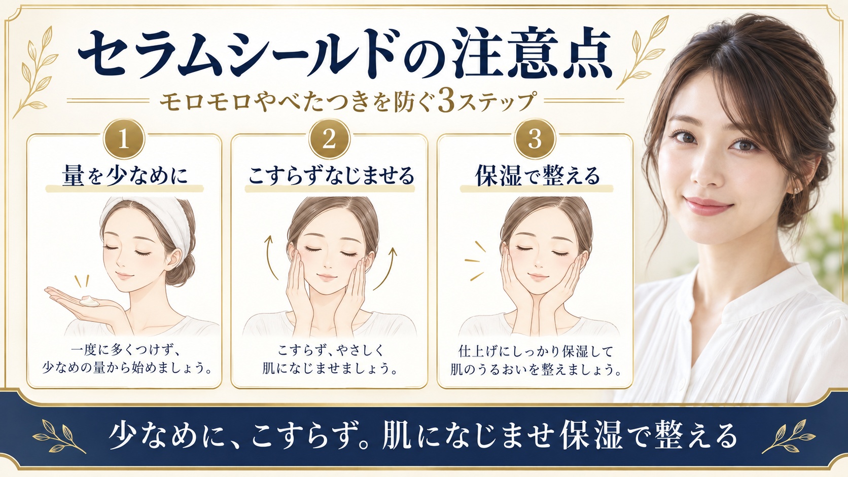 ONE BY KOSEセラムシールドを少なめにこすらずなじませ保湿で整える方法を示すBeauty Board