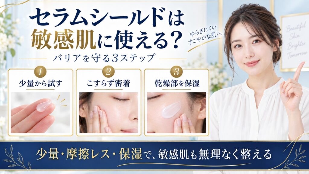 ONE BY KOSEセラムシールドを少量からこすらず密着させ乾燥部を保湿する方法を示すBeauty Board