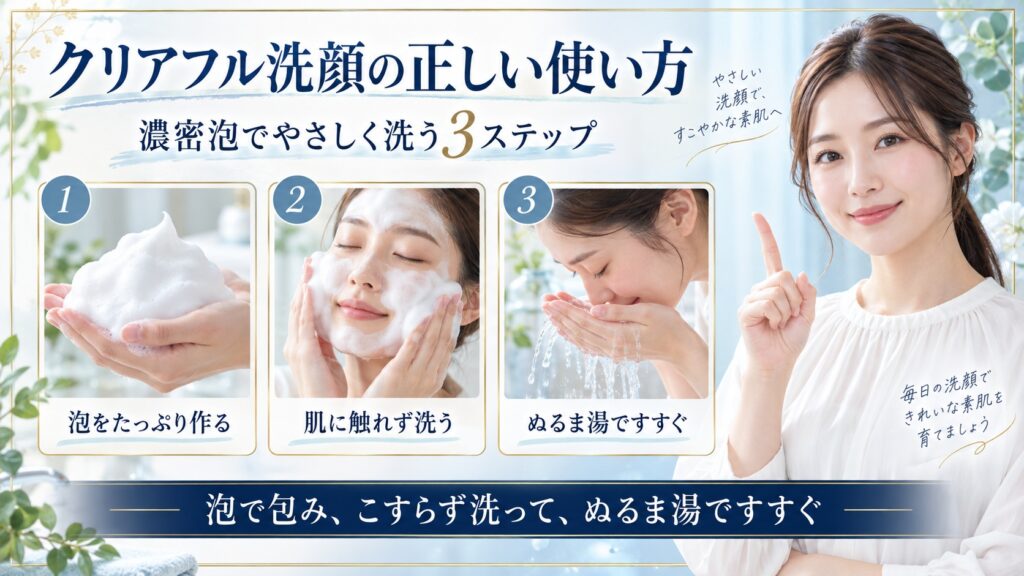 オルビスクリアフルウォッシュで泡をたっぷり作り肌に触れず洗ってぬるま湯ですすぐ手順を示すBeauty Board