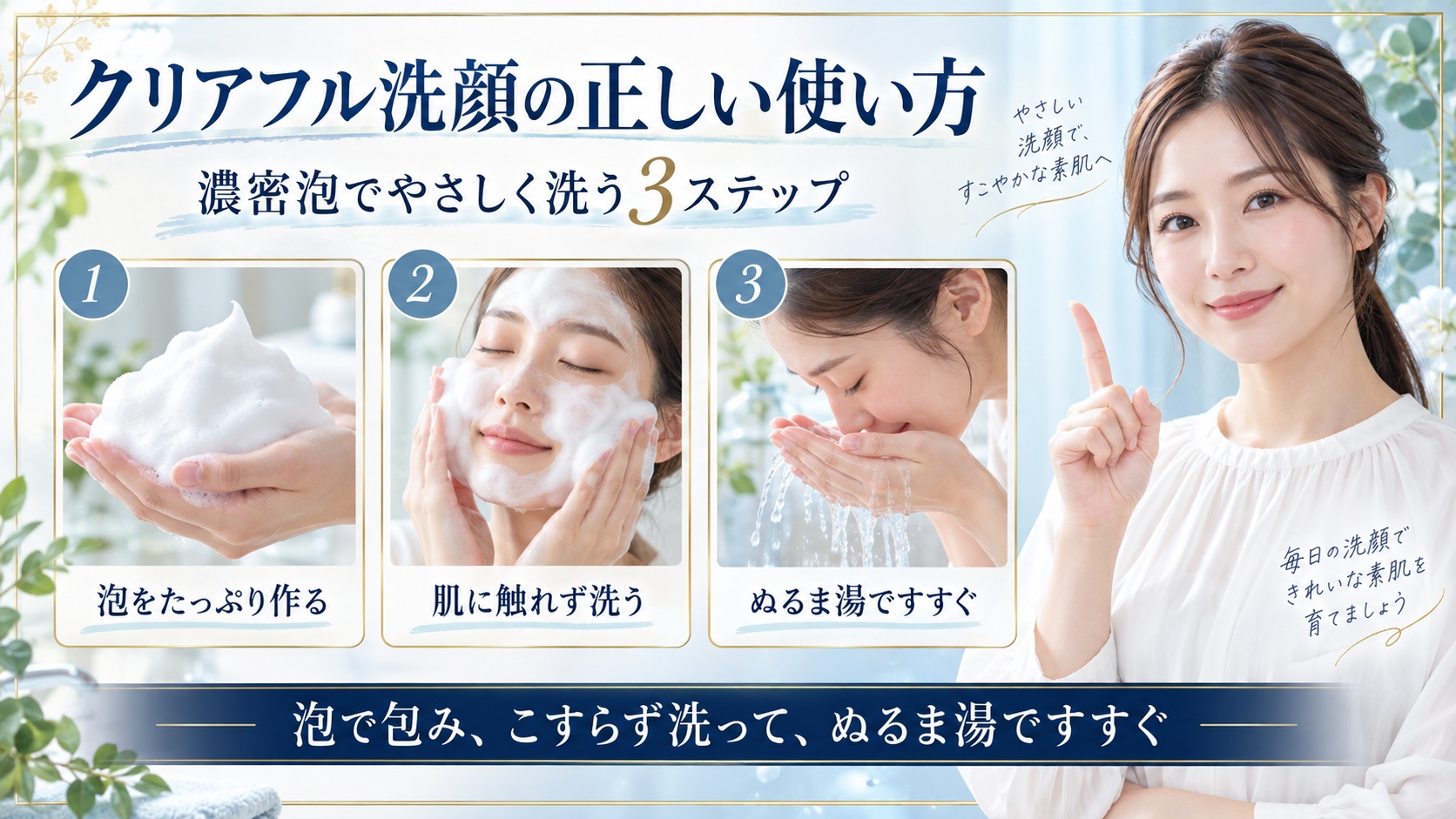 オルビスクリアフルウォッシュで泡をたっぷり作り肌に触れず洗ってぬるま湯ですすぐ手順を示すBeauty Board
