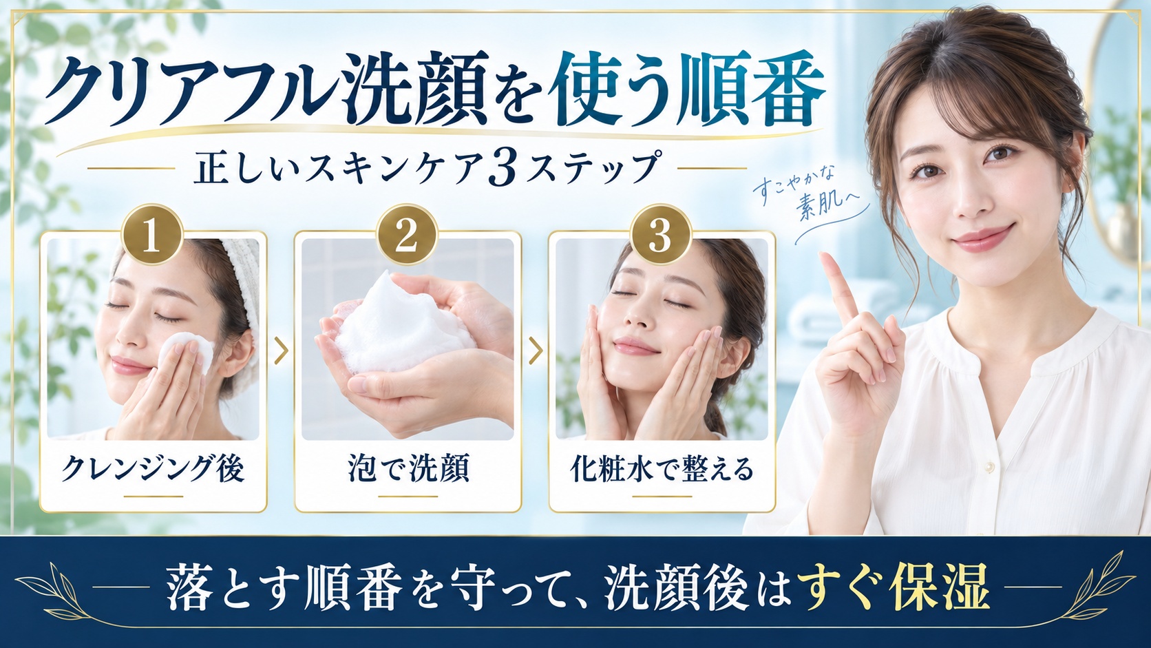 オルビスクリアフルウォッシュをクレンジング後に泡で洗顔し化粧水で整える順番を示すBeauty Board