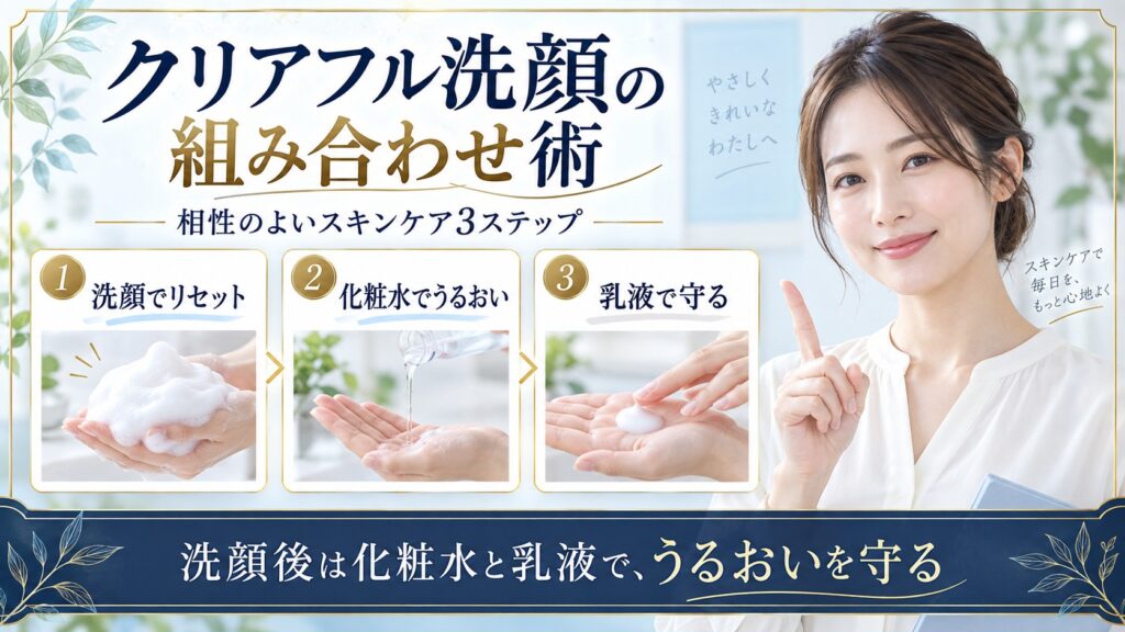オルビスクリアフルウォッシュ後に化粧水でうるおいを補い乳液で守る組み合わせを示すBeauty Board