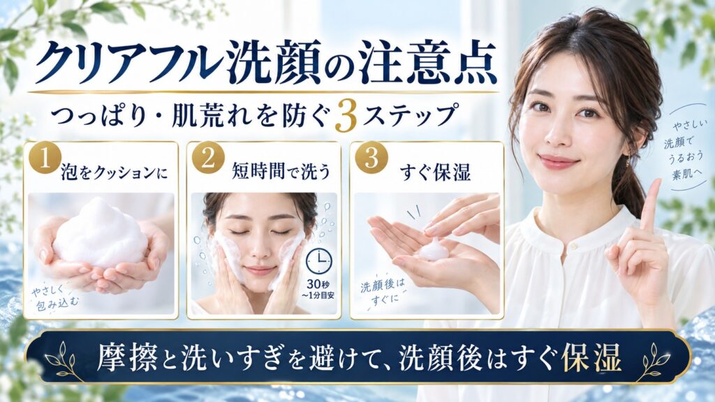オルビスクリアフルウォッシュで泡をクッションに短時間で洗い洗顔後すぐ保湿する注意点を示すBeauty Board