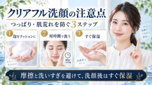 オルビスクリアフルウォッシュで泡をクッションに短時間で洗い洗顔後すぐ保湿する注意点を示すBeauty Board