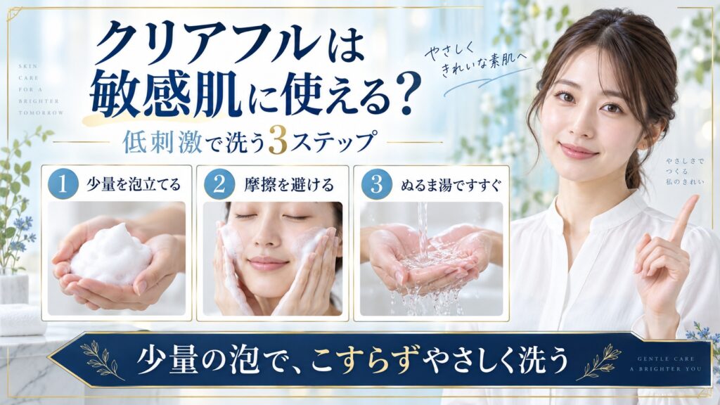オルビスクリアフルウォッシュを少量の泡で摩擦を避けて洗いぬるま湯ですすぐ低刺激洗顔法を示すBeauty Board