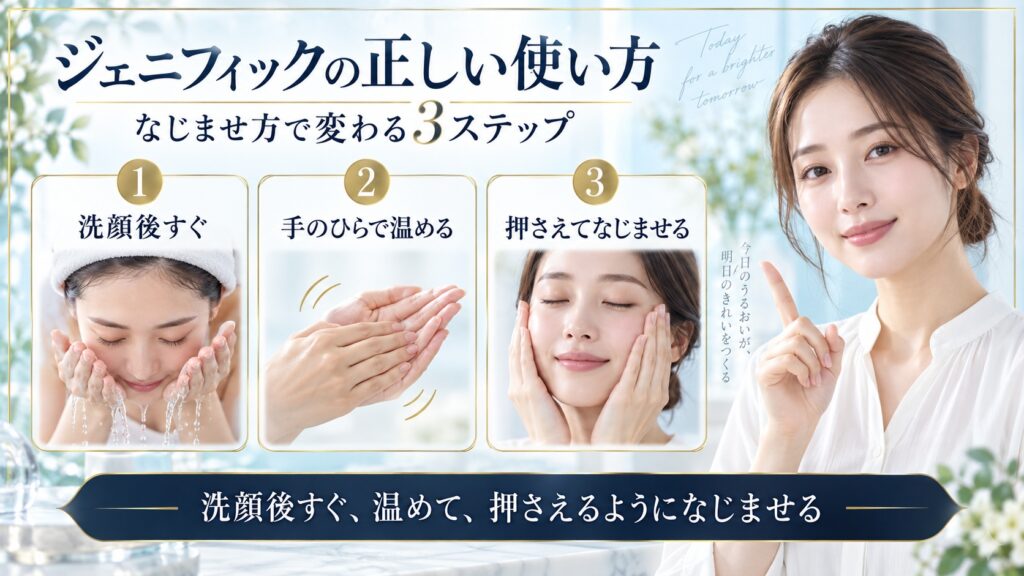 ジェニフィックアルティメセラムを洗顔後すぐ手のひらで温め押さえてなじませる手順を示すBeauty Board
