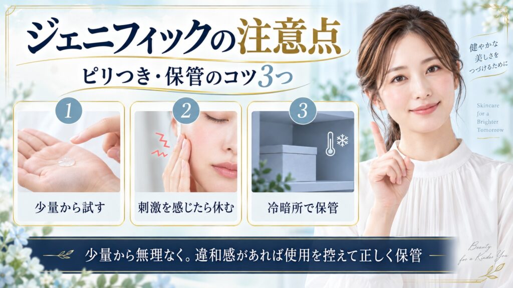 ジェニフィックアルティメセラムを少量から試し刺激を感じたら休み冷暗所で保管する注意点を示すBeauty Board