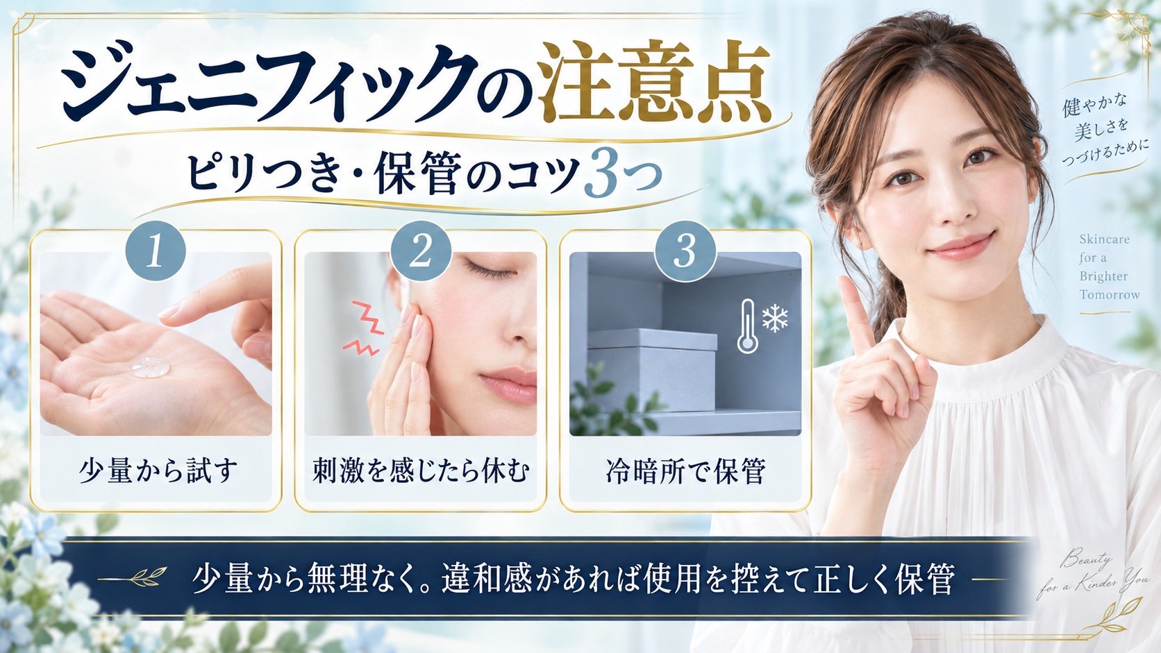 ジェニフィックアルティメセラムを少量から試し刺激を感じたら休み冷暗所で保管する注意点を示すBeauty Board