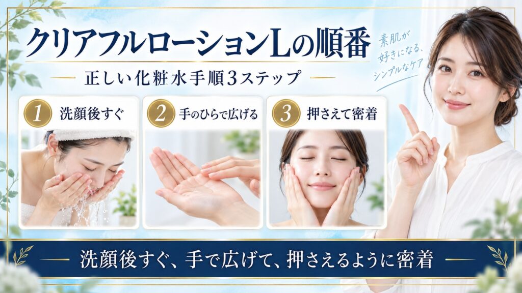オルビスクリアフルローションLを洗顔後すぐ手で広げ押さえて密着させる正しい順番を示すBeauty Board