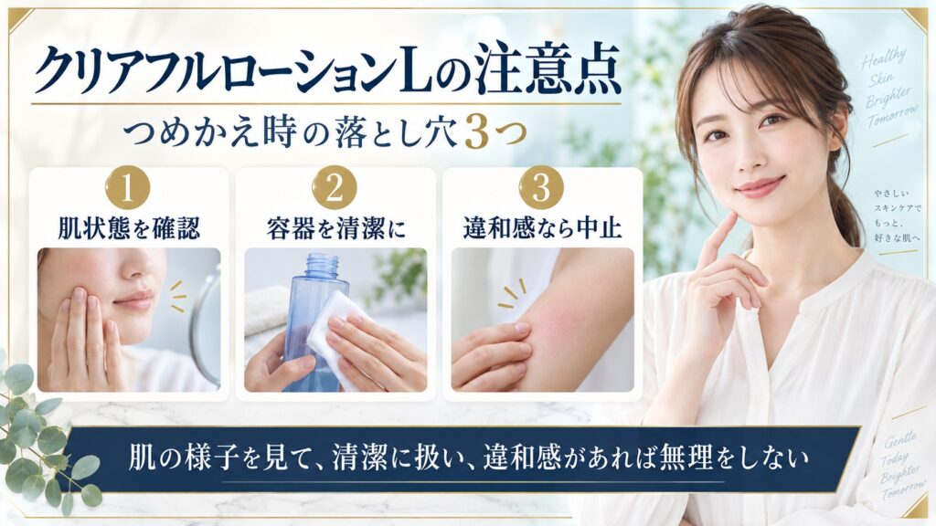 クリアフルローションLの使用前に肌状態を確認し容器を清潔に扱い違和感があれば中止する注意点を示すBeauty Board