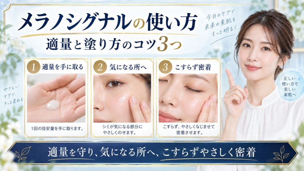 メラノシグナルエッセンスを適量取り気になる所へこすらず密着させる塗り方を示すBeauty Board