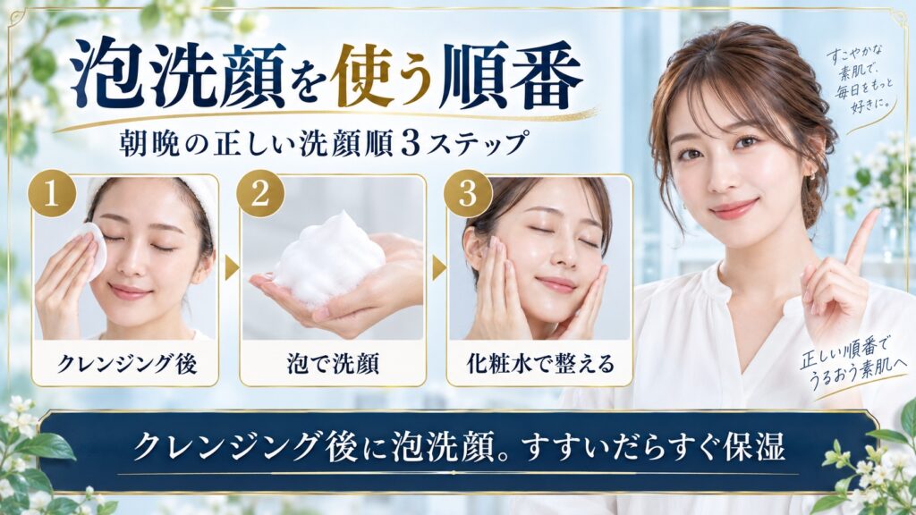 ビフェスタ泡洗顔ブライトアップをクレンジング後に使い洗顔後すぐ保湿する朝晩の順番を示すBeauty Board