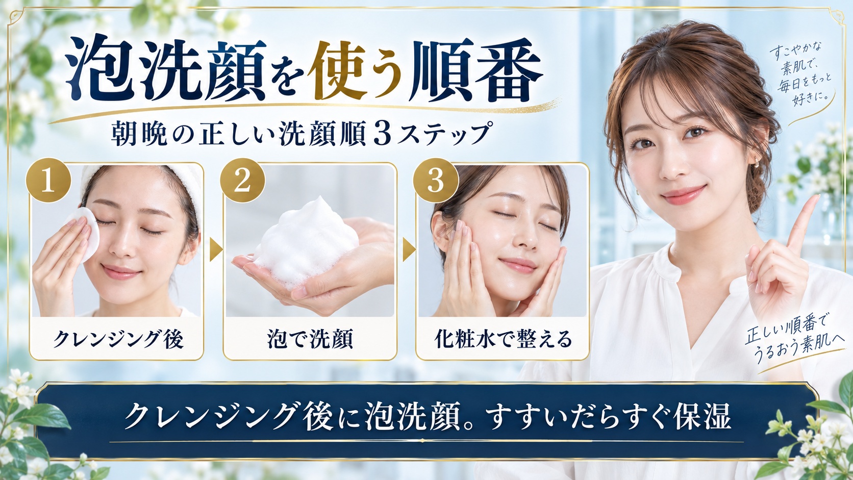 ビフェスタ泡洗顔ブライトアップをクレンジング後に使い洗顔後すぐ保湿する朝晩の順番を示すBeauty Board