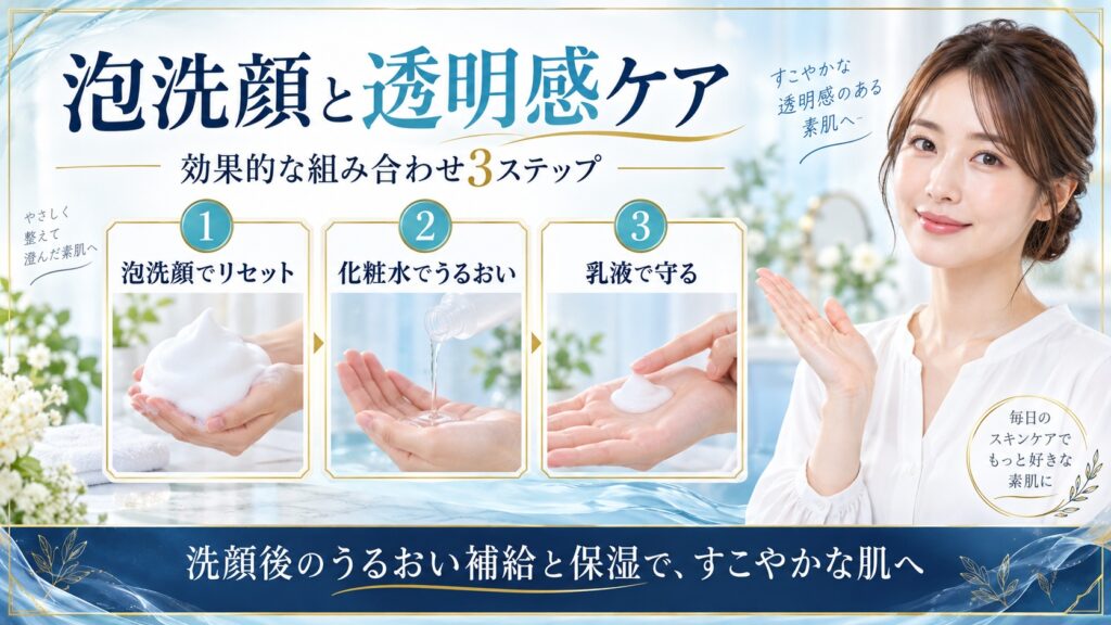 ビフェスタ泡洗顔ブライトアップ後に化粧水でうるおいを補い乳液で守る透明感ケアを示すBeauty Board